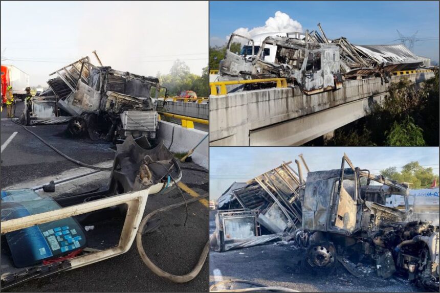 Así quedó un tráiler tras accidentarse en el Arco Norte, cerca de Atitalaquia