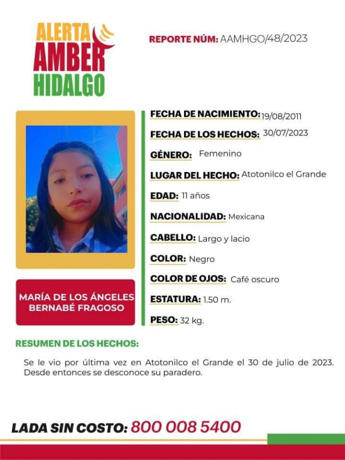 #AlertaAmber ⚠️ Tiene 11 años de edad y desapareció en Hidalgo