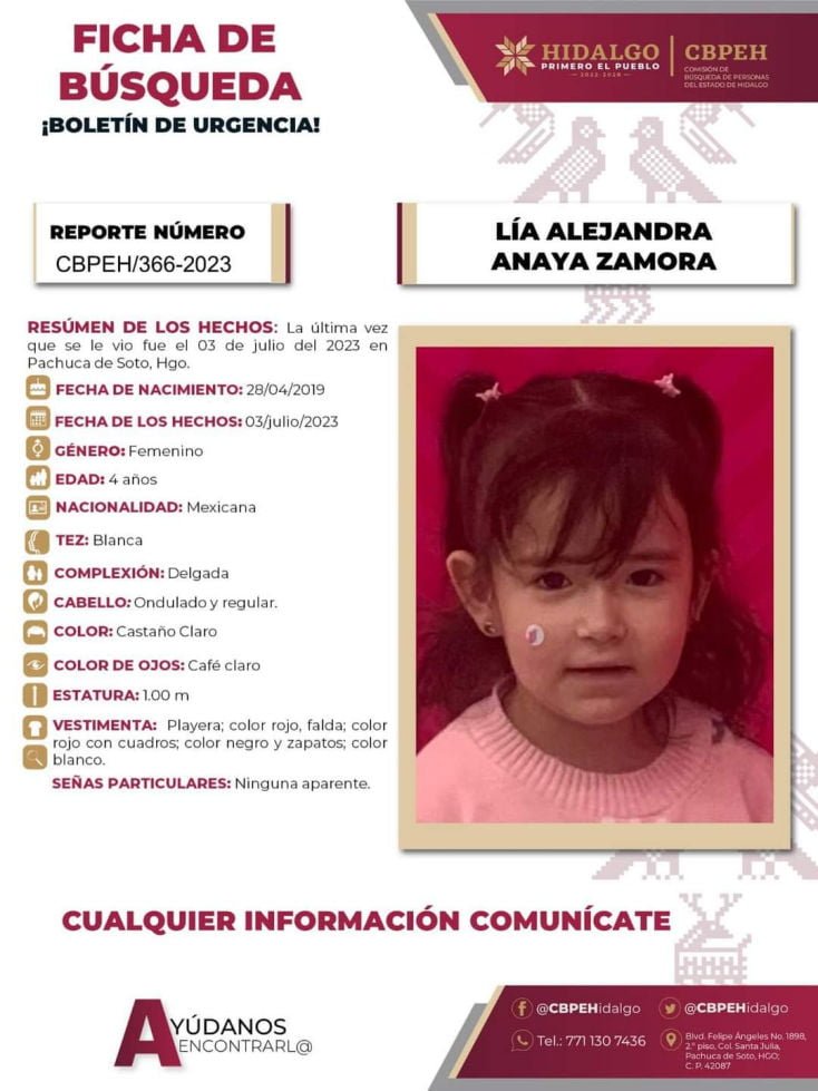 Pequeña de 4 años de edad desaparece en Pachuca; piden ayuda para encontrarla