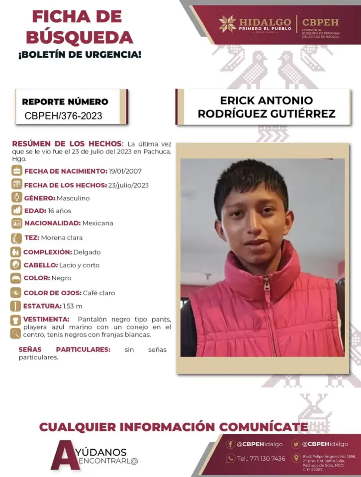 #AlertaDeBúsqueda ❗ Erick Antonio desapareció en Pachuca; piden ayuda para encontrarlo