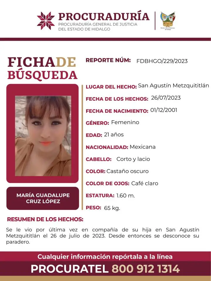 #AlertaDeBúsqueda ⚠️ Piden ayuda para encontrar a joven madre y su hija, desaparecidas en Hidalgo