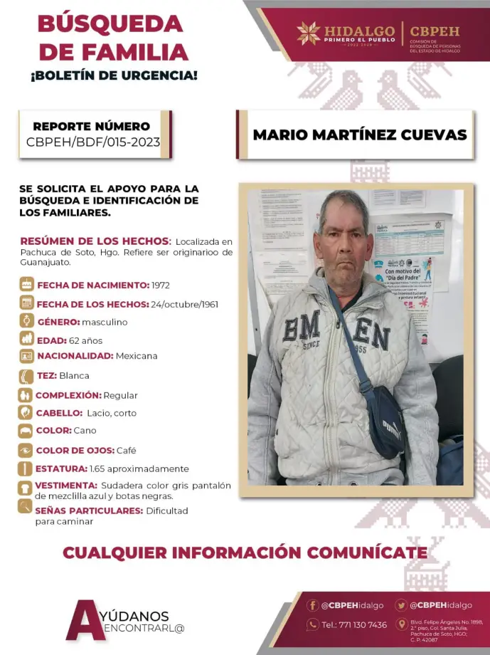 #Ayuda ⚠️ Se solicita apoyo para localizar a familiares de adulto mayor ubicado en Pachuca