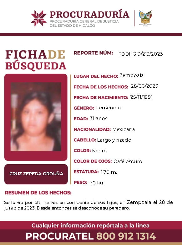 Desaparecen mujer y sus tres hijos en Zempoala; autoridades emiten fichas para encontrarlos