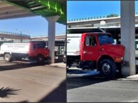 Pipa queda incrustada en la base de un puente de Pachuca