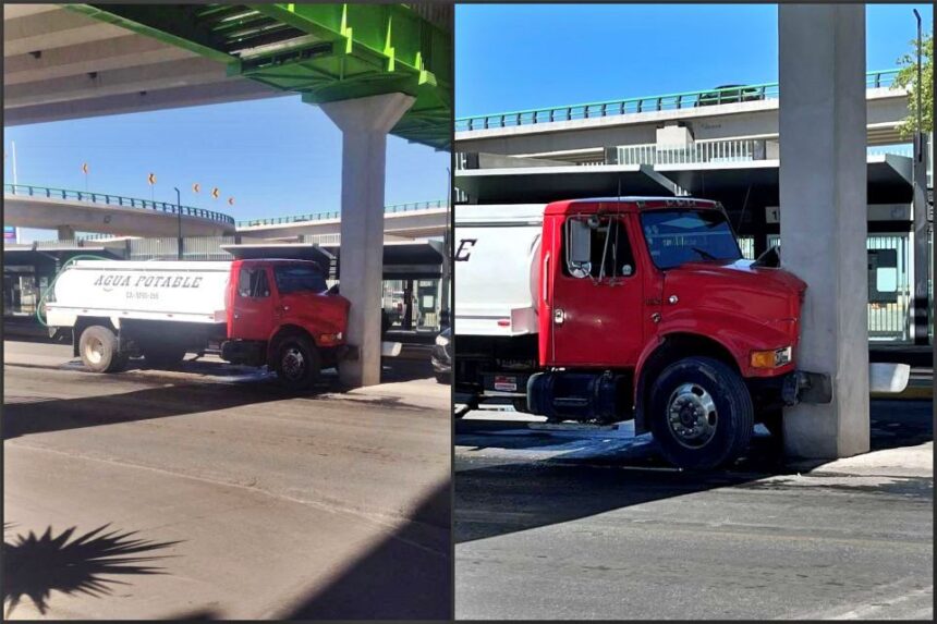 Pipa queda incrustada en la base de un puente de Pachuca
