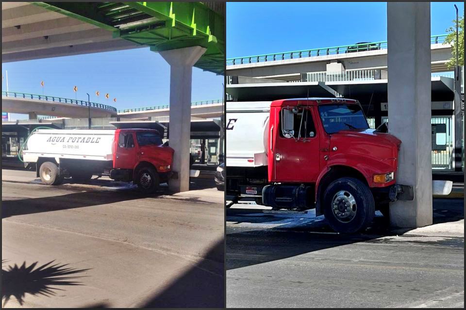 Pipa queda incrustada en la base de un puente de Pachuca