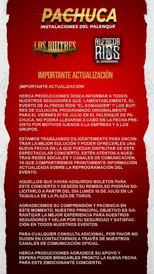 Cancelan concierto de El Komander y Los Buitres en Pachuca