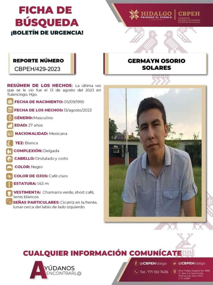#AlertaDeBúsqueda ⚠️ Desaparece joven artista en Hidalgo; se pide ayuda para localizarlo