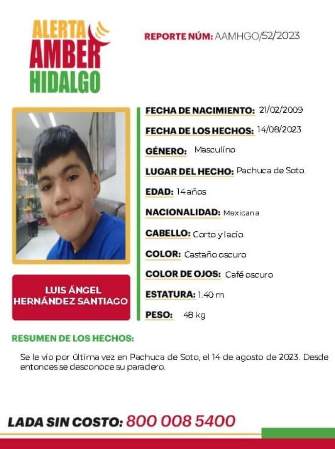 #AlertaAmber ⚠️ Luis Ángel desapareció en Pachuca; piden ayuda para encontrarlo