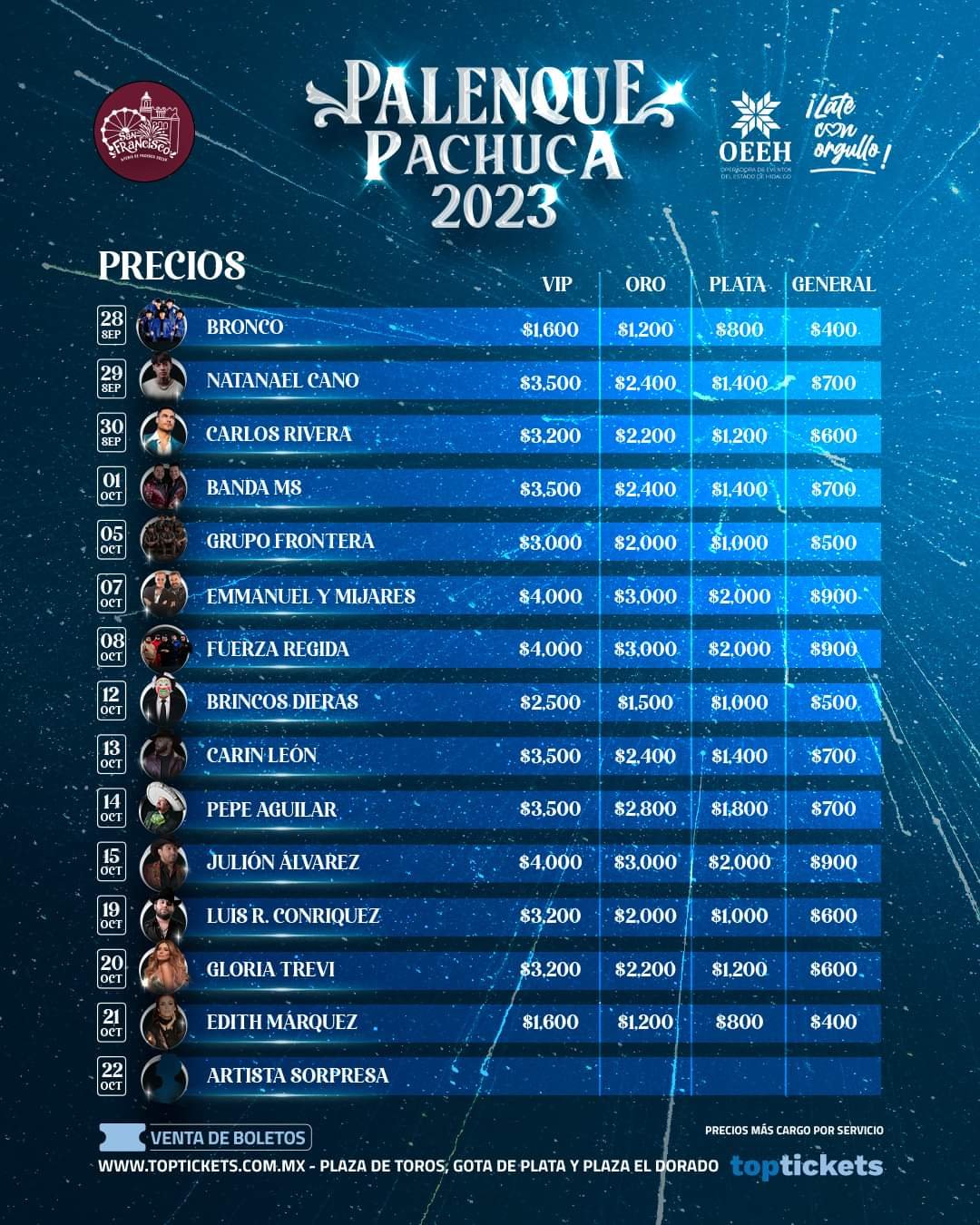 #Oficial 🎤 Cartel completo y precios del Palenque de la Feria de Pachuca 2023