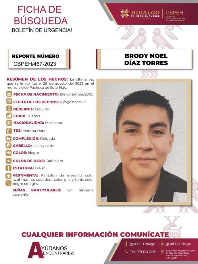 Brody desapareció en Pachuca; piden ayuda para encontrarlo