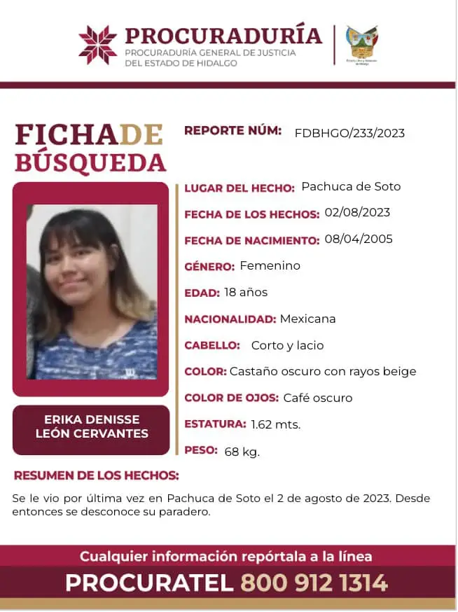 #AlertaDeBúsqueda ⚠️ Erika Denisse desapareció en Pachuca; piden ayuda para encontrarla