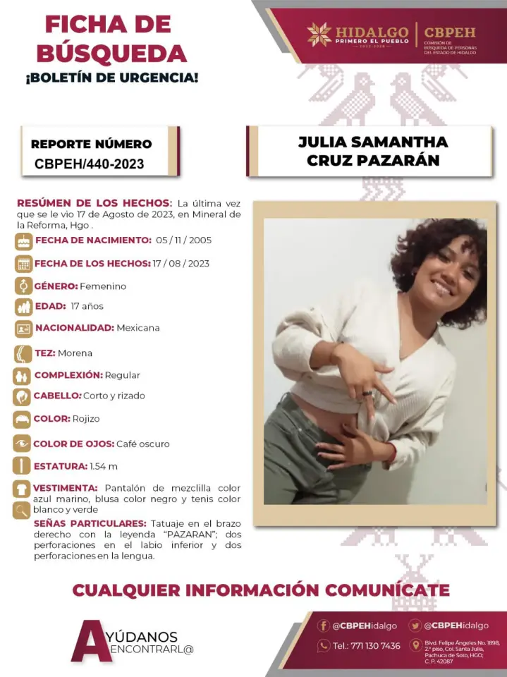 #AlertaDeBúsqueda ⚠️ Julia Samantha desapareció en Mineral de la Reforma; solicitan ayuda para encontrarla