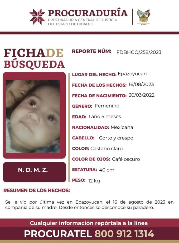 Emiten alerta de búsqueda por desaparición de joven madre y su hija en Epazoyucan
