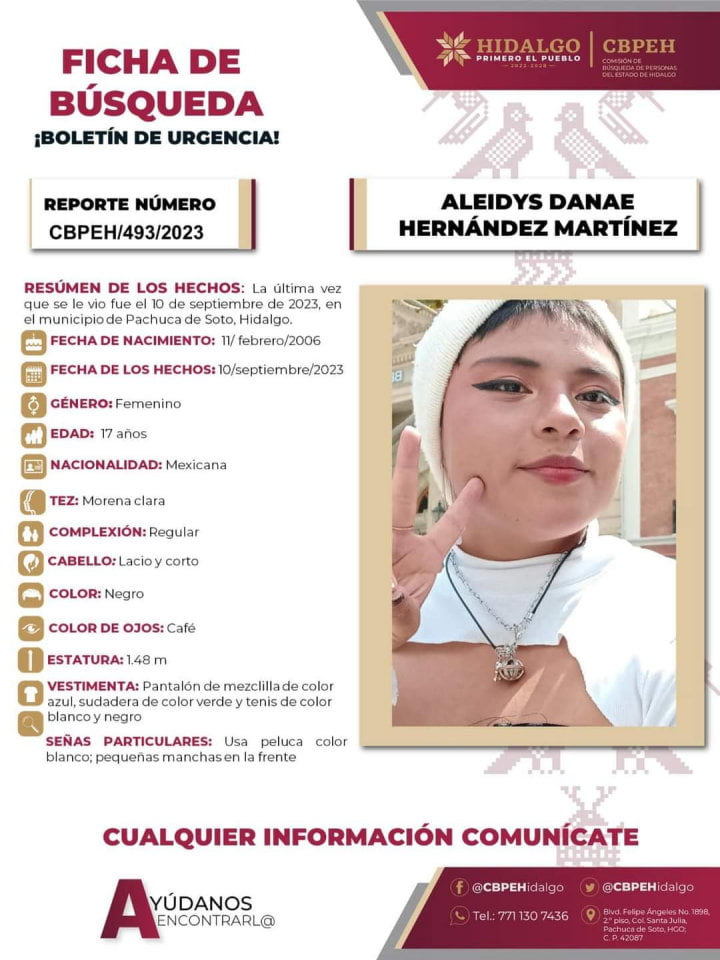 Emiten ficha de búsqueda por joven desaparecida en Pachuca