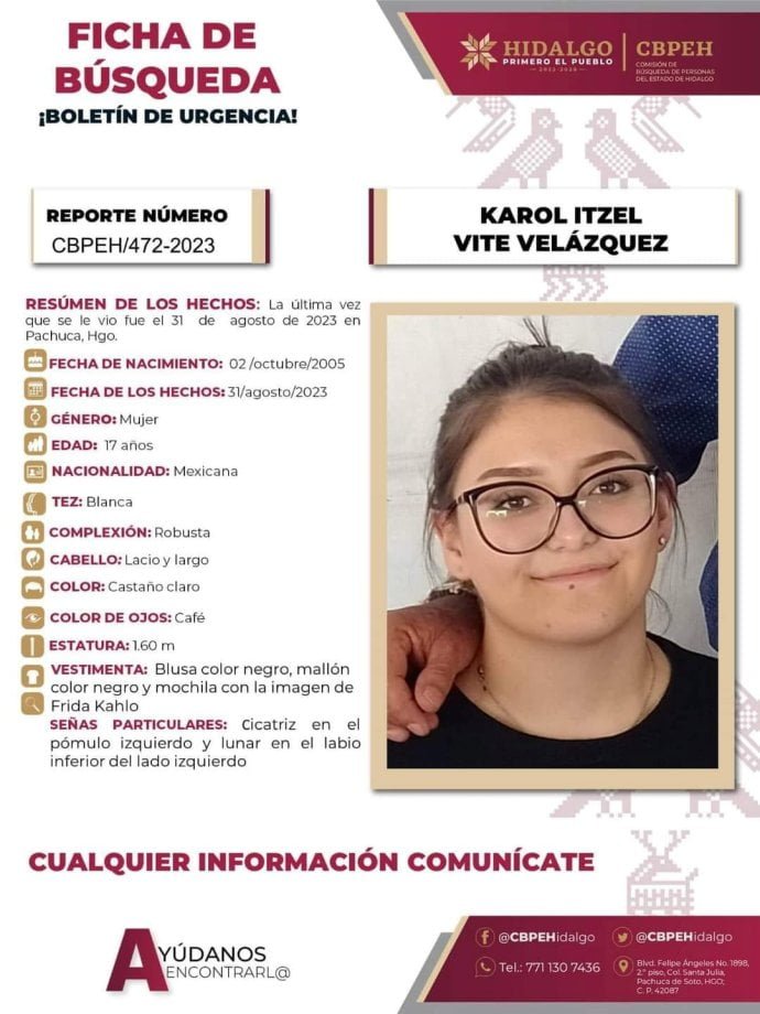 Alerta de búsqueda: se pide ayuda para encontrar a Karol Itzel, joven desaparecida en Pachuca