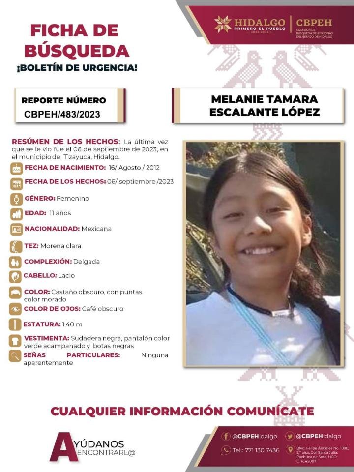 Melanie Tamara tiene 11 años y desapareció en Hidalgo; piden ayuda para encontrarla