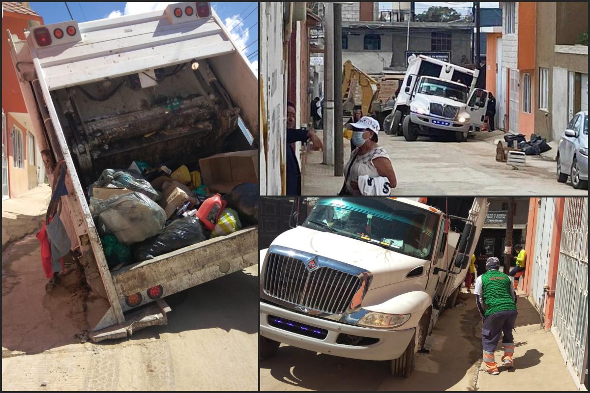 #Bachuca: Se hunde camión recolector de basura en maltratada calle