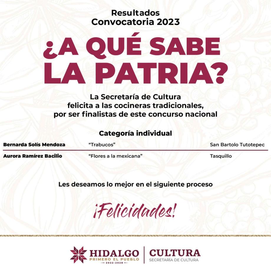 ¡Bravo! Pasan a la final dos cocineras hidalguenses en el concurso ¿A qué sabe la patria? 2023