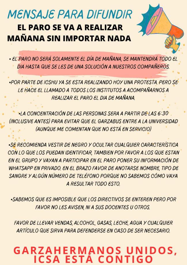 Convocan a PARO TOTAL en institutos de la UAEH en apoyo a estudiantes del IDA