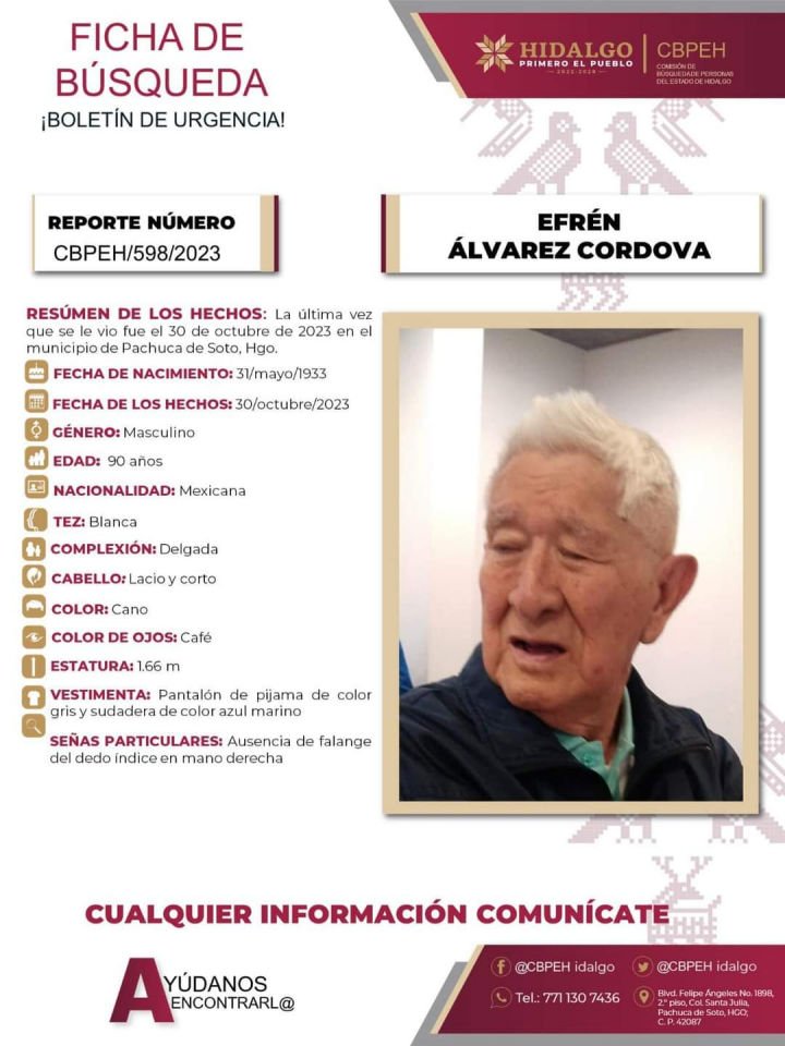 Emiten alerta de búsqueda por hombre de 90 años de edad desaparecido en Pachuca