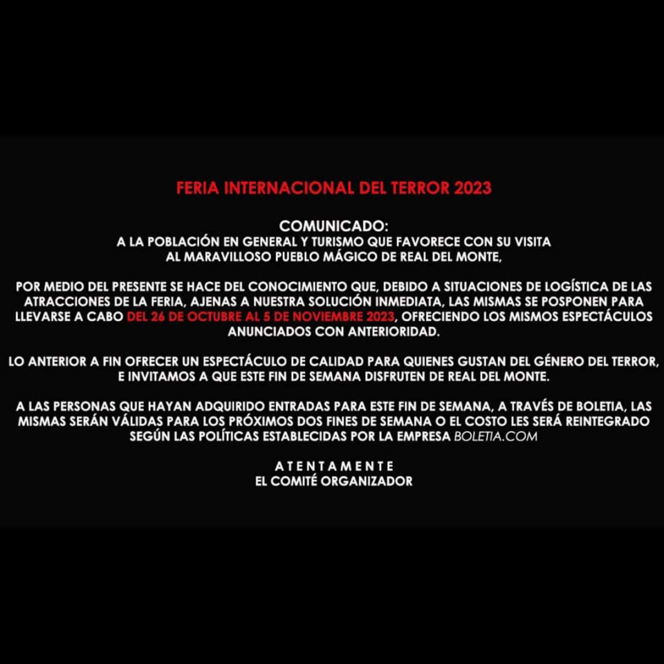 Por "situaciones de logística", posponen Feria Internacional del Terror de Real del Monte