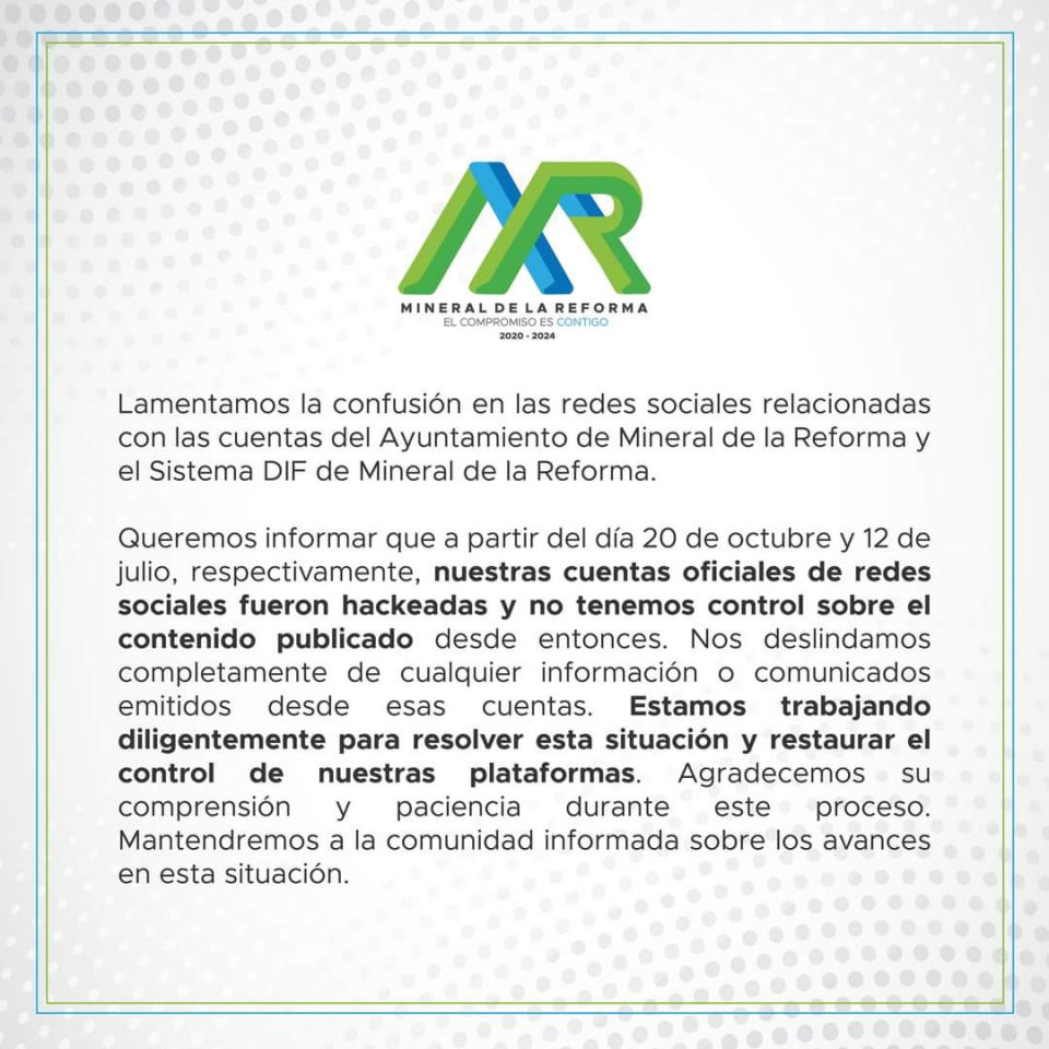 ¡#Robadas! 🚨 Hackean cuentas oficiales de Mineral de la Reforma