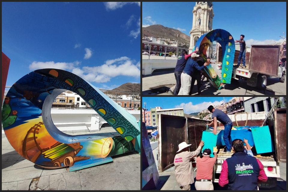 Retiran letra gigante del centro de Pachuca por daños; sujetos se colgaron hasta colapsarla