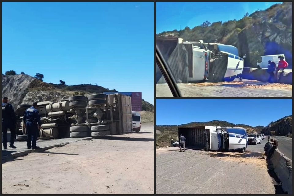 Vuelca camión de carga en el Corredor de la Montaña, en dirección a Pachuca