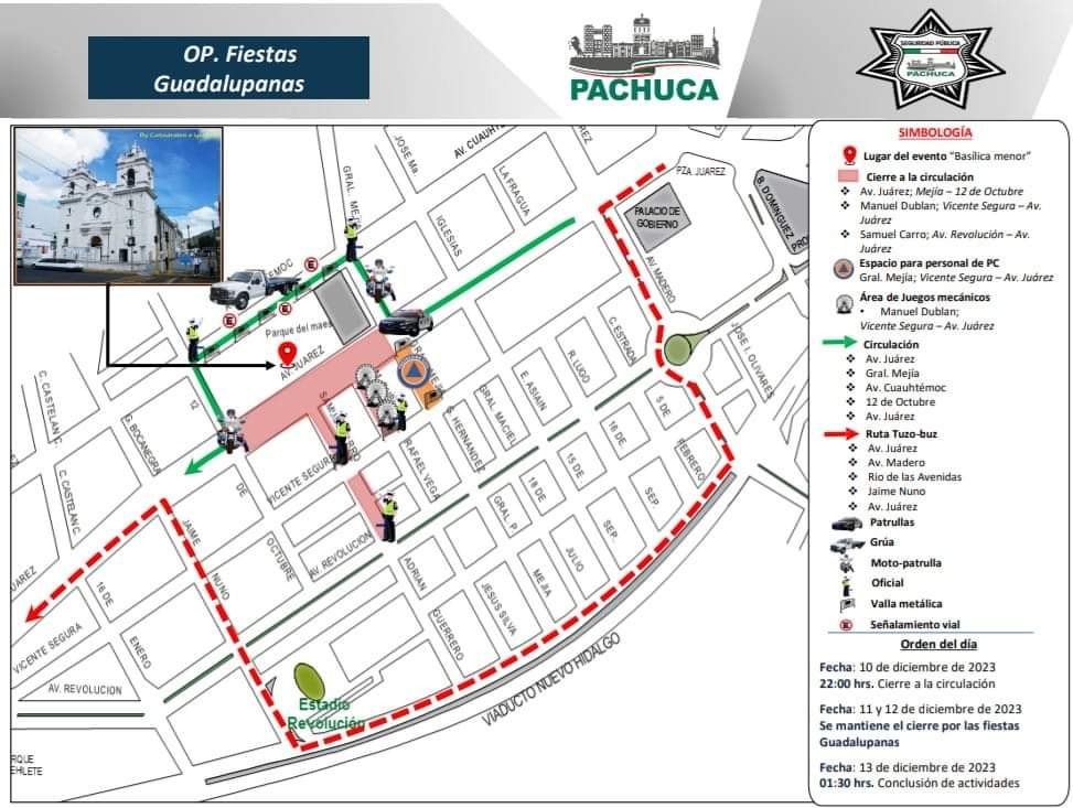 Cierre de calles y operativo en Pachuca por las fiestas guadalupanas