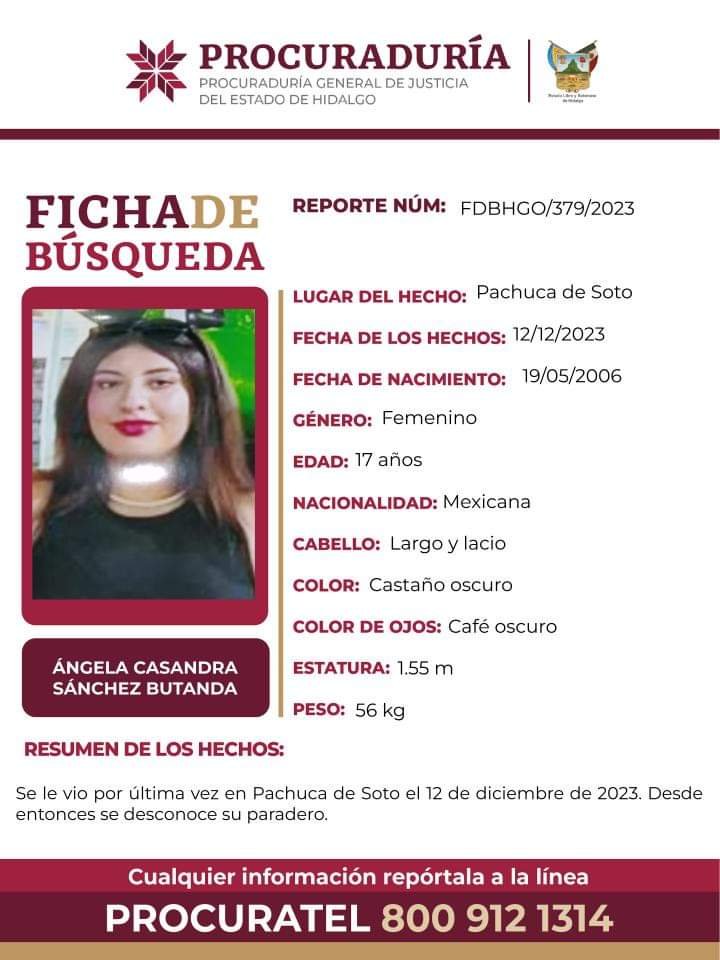 Tiene 17 años de edad y desapareció en Pachuca; piden ayuda para encontrarla