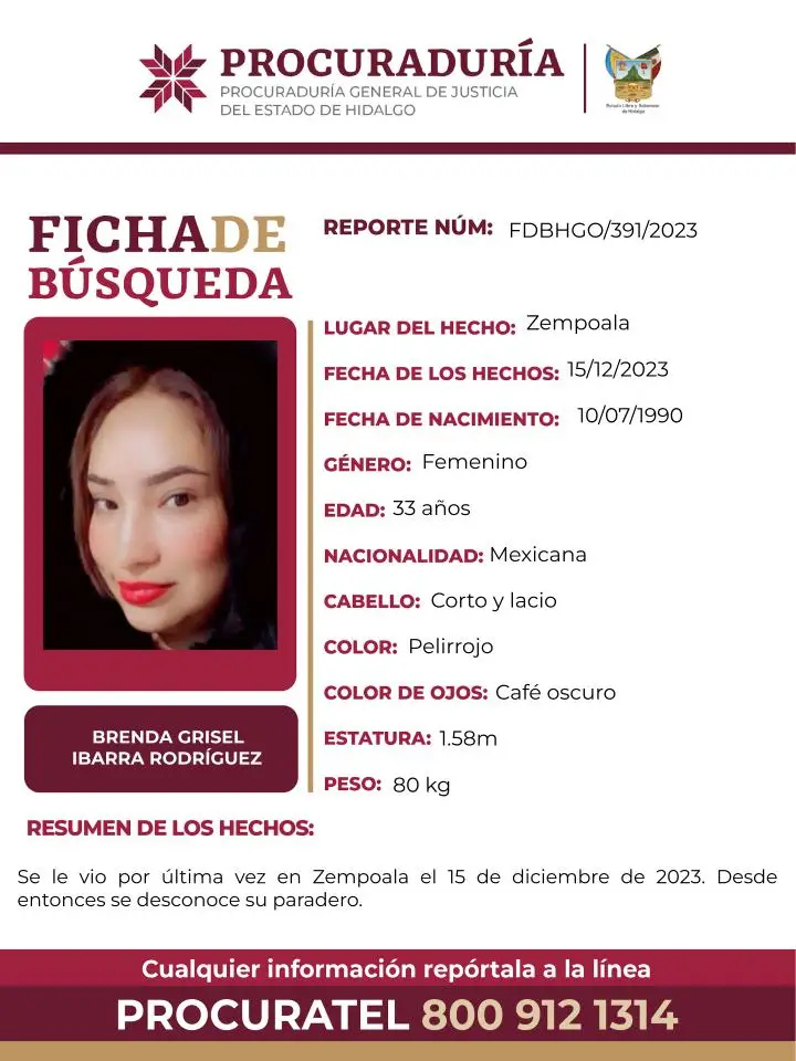 Brenda Grisel desapareció en Zempoala; piden ayuda para localizarla