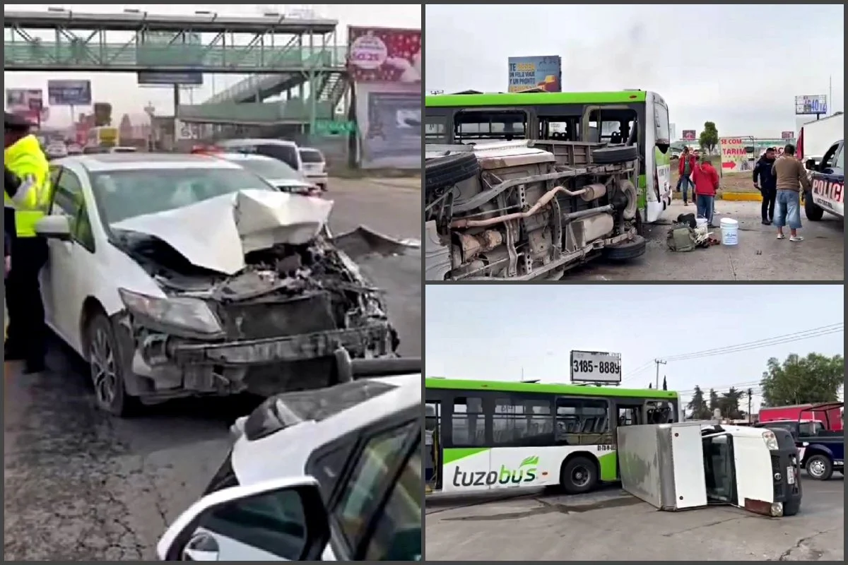 Aparatosa carambola entre auto, camioneta y Tuzobús; ocurrió al sur de Pachuca