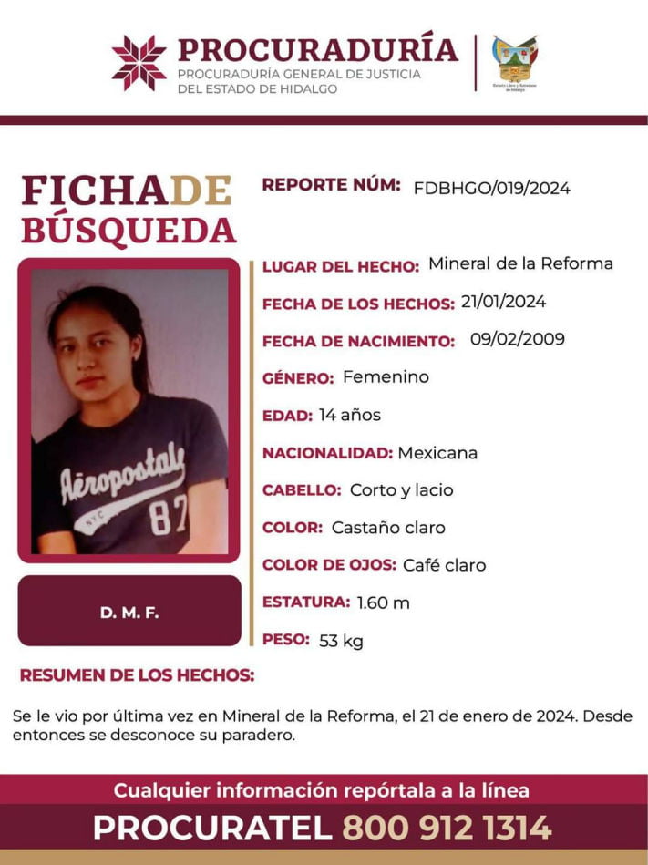 Tiene 14 años de edad y desapareció en Mineral de la Reforma; piden ayuda para encontrarla