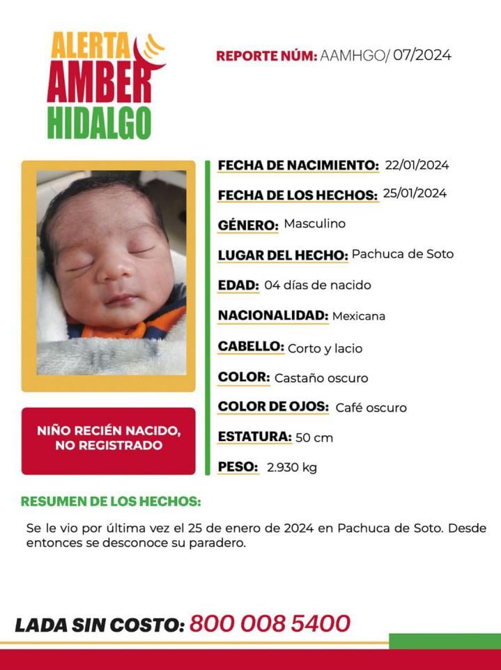#AlertaAmber: Bebé de 4 días de nacido es sustraído en Pachuca; sospechan de la cuidadora