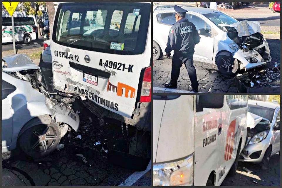 Fuerte choque entre auto particular y transporte público en Pachuca deja varios lesionados