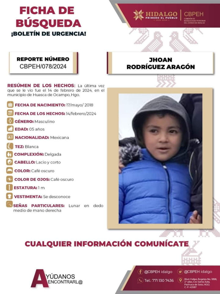 Piden ayuda para encontrar a pequeño de 5 años desaparecido en el Pueblo Mágico de Huasca