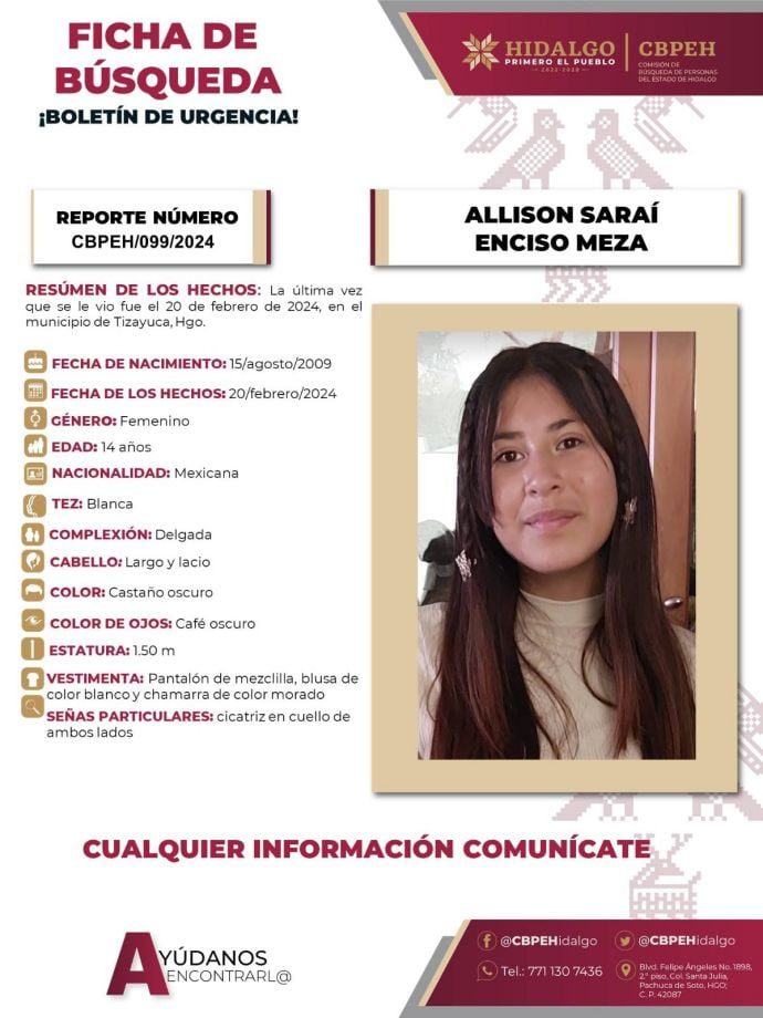 Activan búsqueda de Allison Saraí, de 14 años de edad, desaparecida en Tizayuca