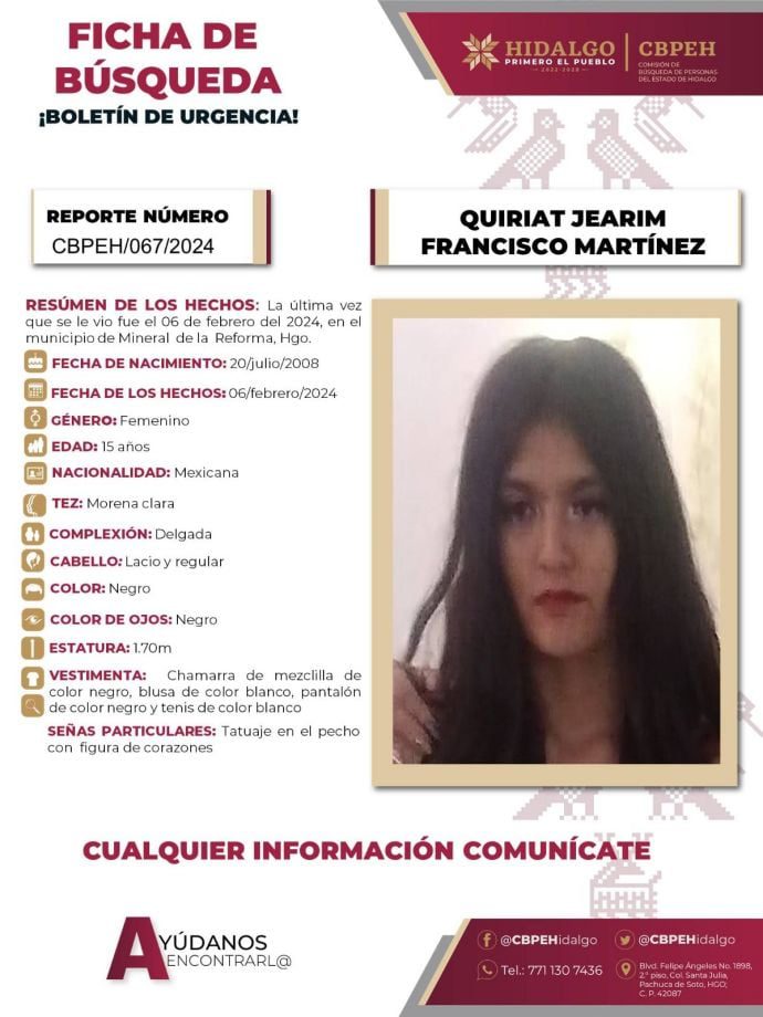 #AlertaDeBúsqueda: Quiriat Jearim lleva una semana desaparecida; vista por última vez en Mineral de la Reforma