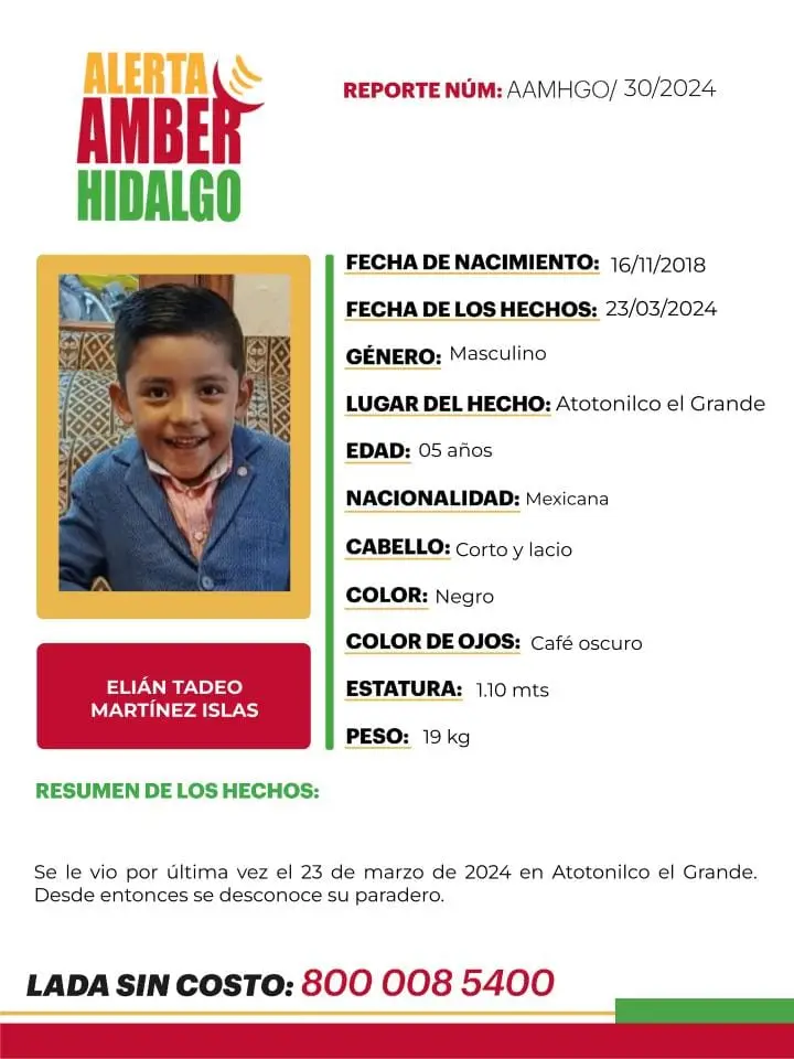 Activan Alerta Amber por pequeño de 5 años de edad desaparecido en Atotonilco el Grande