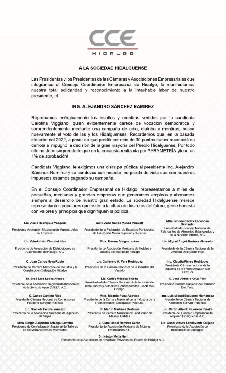 ¡Se armó el pleito! Arremeten cámaras de comercio de Hidalgo contra Carolina Viggiano por sus "insultos y mentiras"