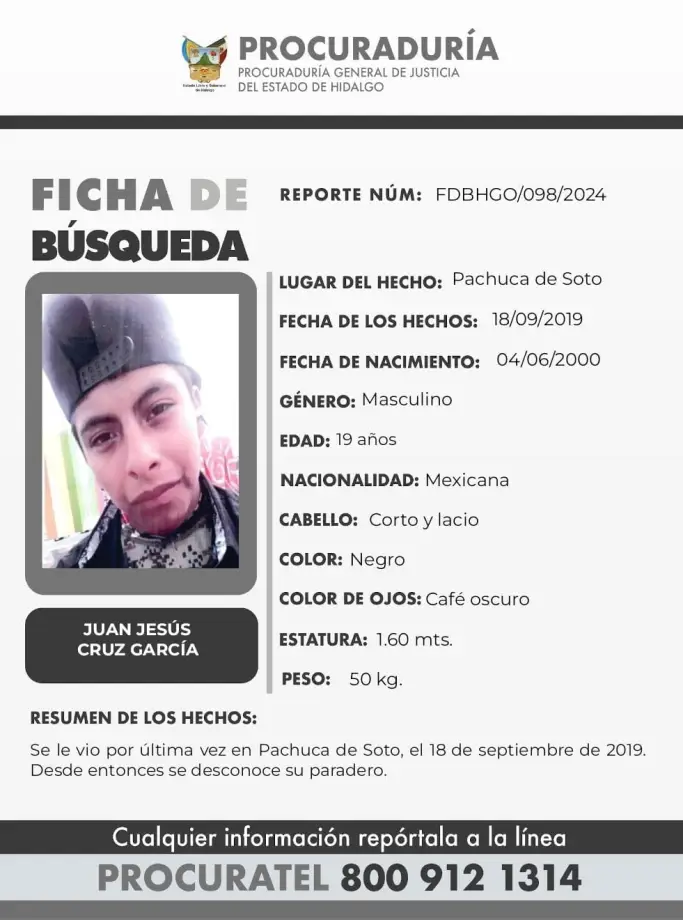 Autoridades publican ficha de búsqueda de joven desaparecido hace más de cuatro años en Pachuca