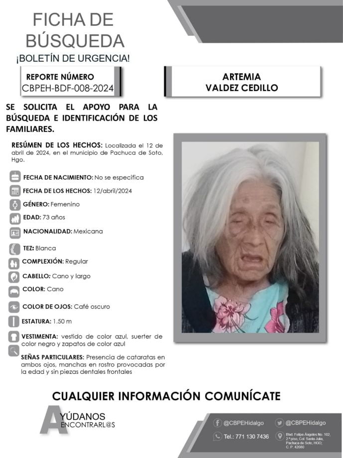 Solicitan apoyo para encontrar a familiares de adulta mayor localizada en Pachuca
