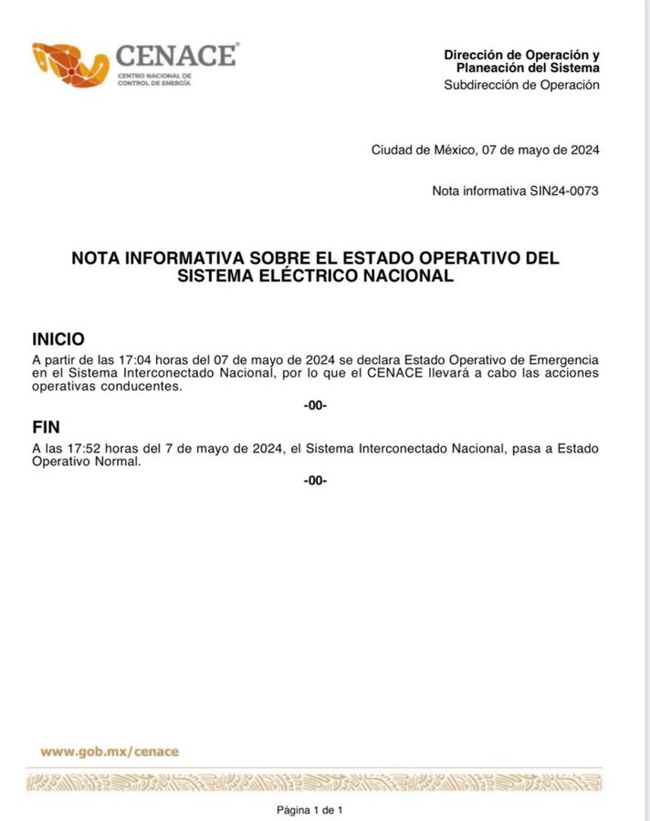 Apagón masivo en el sur de Hidalgo y otras entidades fue por estado de emergencia en el sistema eléctrico nacional