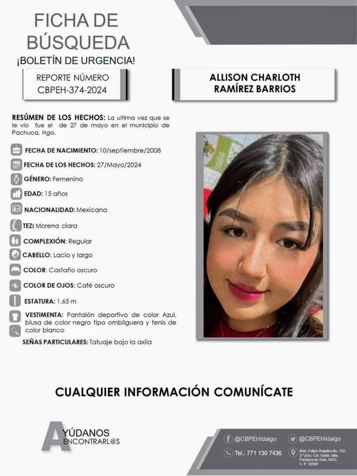 Piden ayuda para localizar a Allison Charloth, quinceañera desaparecida en Pachuca