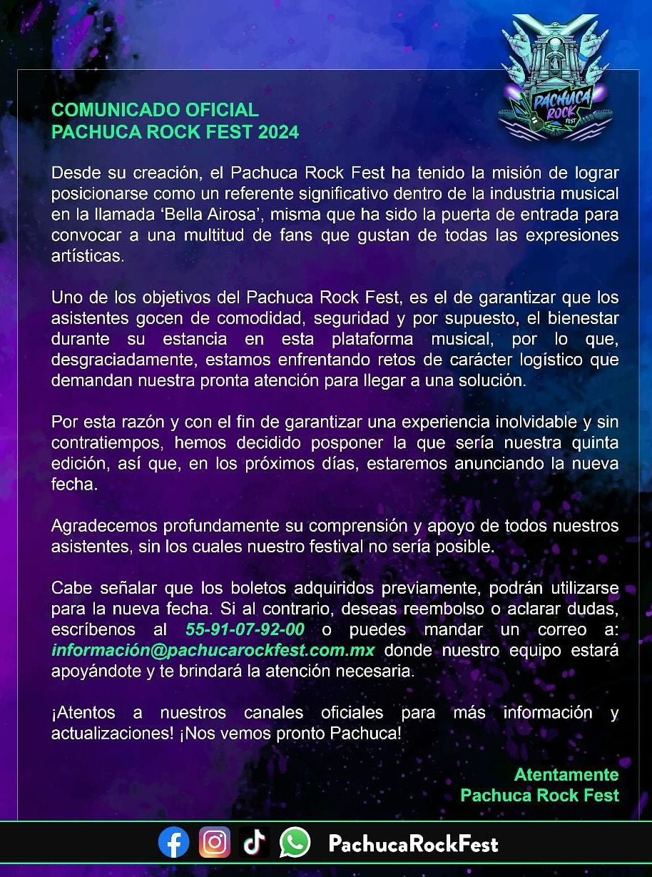 Pachuca Rock Fest 2024: Posponen el gran evento rockero de la ciudad