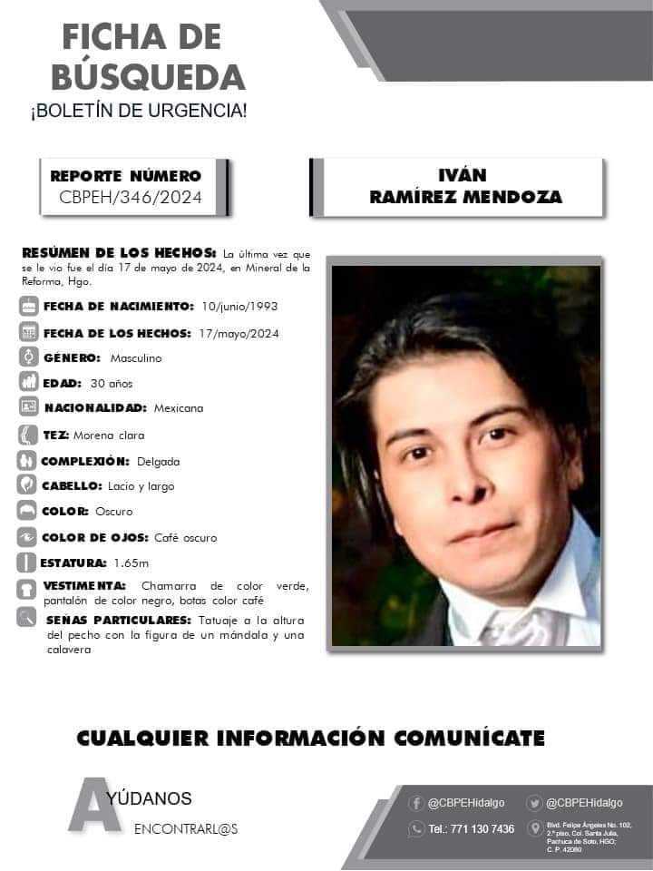 Piden ayuda para localizar a Iván Ramírez, desaparecido en Mineral de la Reforma