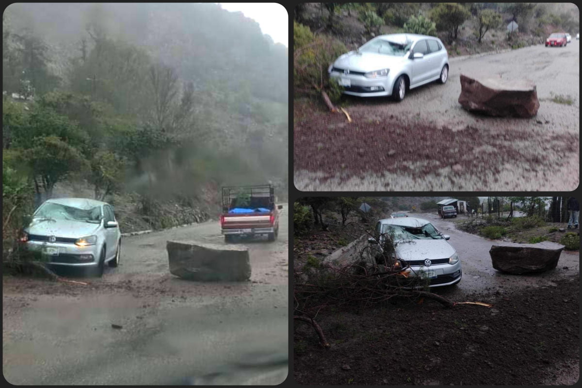 ¡Estragos por las lluvias! Enorme roca cae sobre auto durante deslave en carretera de Hidalgo