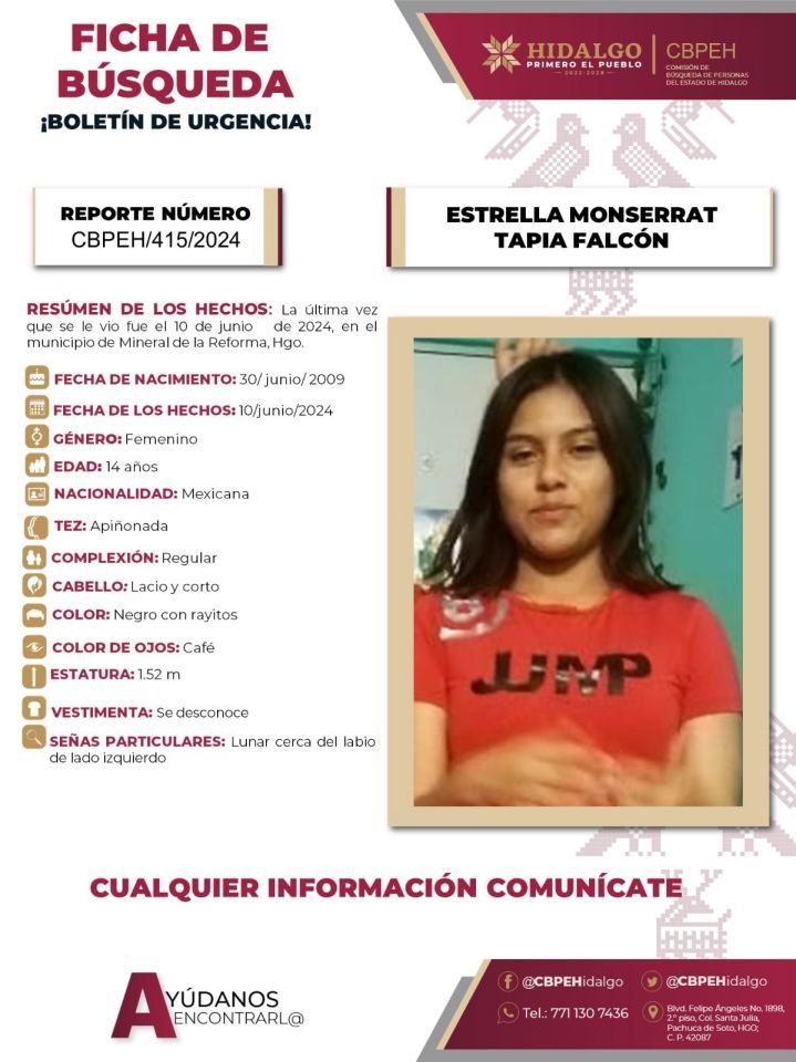 Piden ayuda para localizar a Estrella, adolescente desaparecida en Mineral de la Reforma