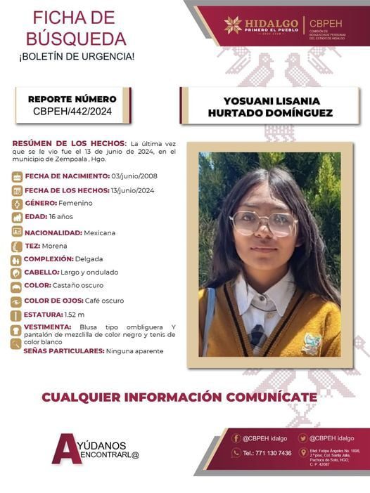 Yosuani desapareció en Zempoala; piden ayuda para localizarla